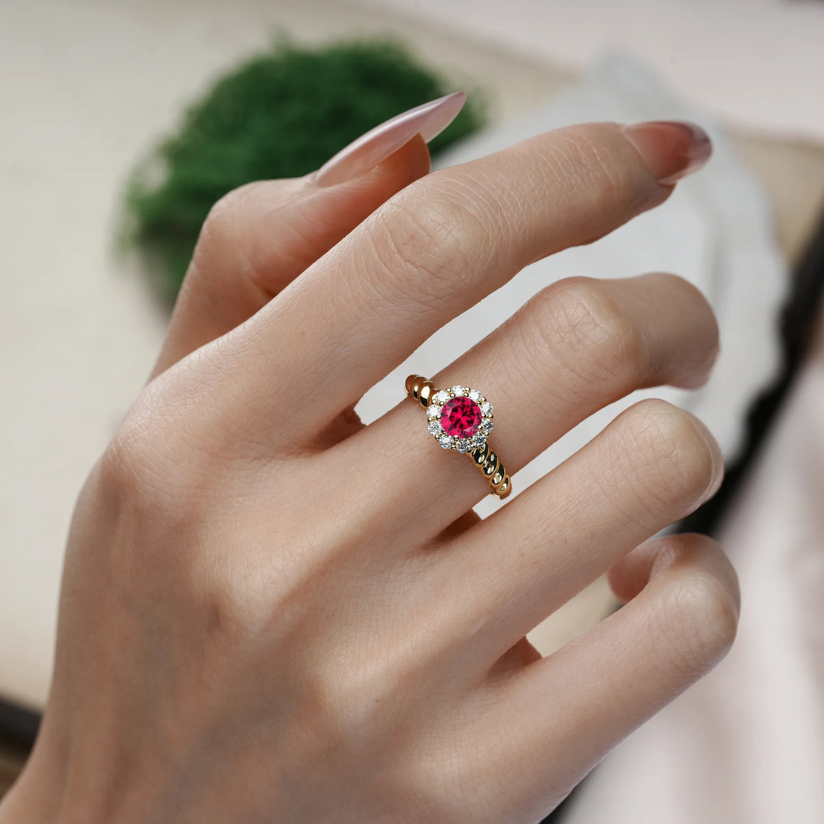 Round Cut Ruby Classic Flower-Shaped 10-Prong Engagement Ring