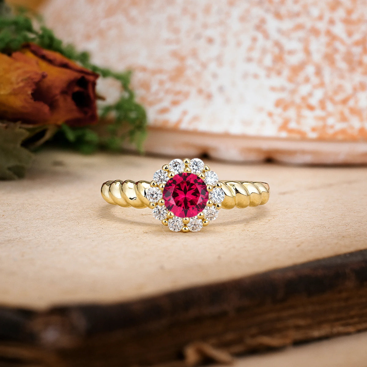 Round Cut Ruby Classic Flower-Shaped 10-Prong Engagement Ring