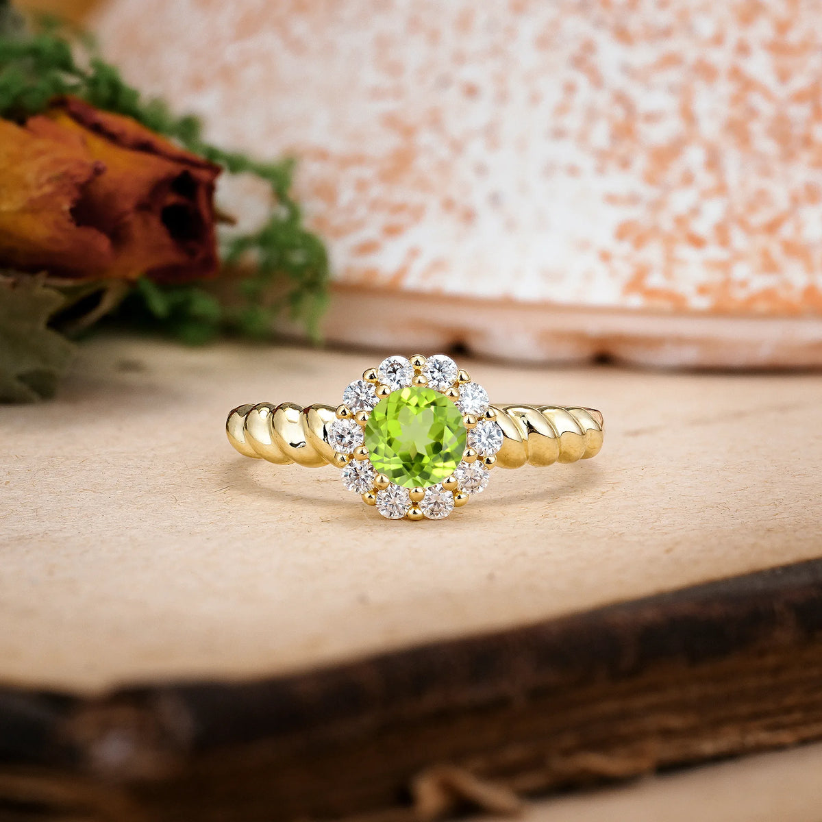 Round Cut Peridot Classic Flower-Shaped 10-Prong Engagement Ring