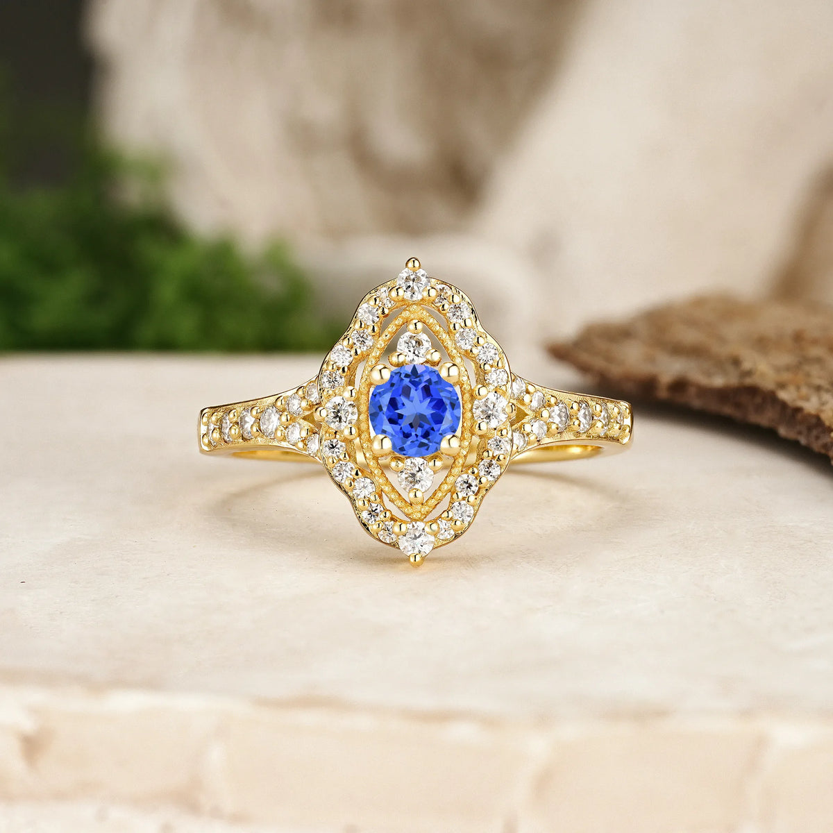 Round Cut Sapphire Vintage Art‑Deco Open‑Filigree Halo Engagement Ring