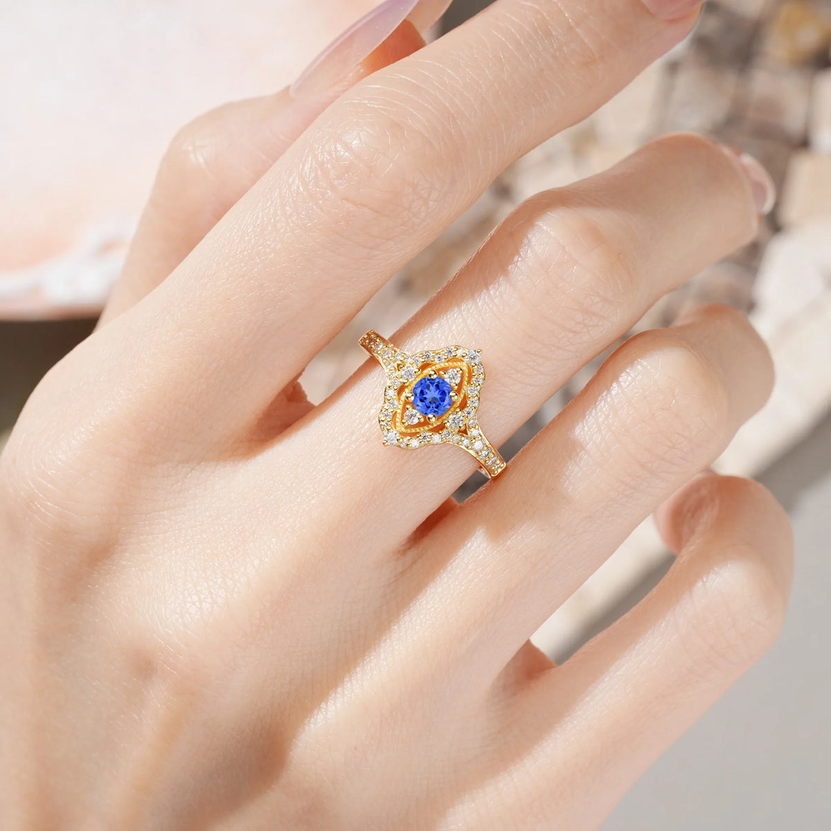 Round Cut Sapphire Vintage Art‑Deco Open‑Filigree Halo Engagement Ring