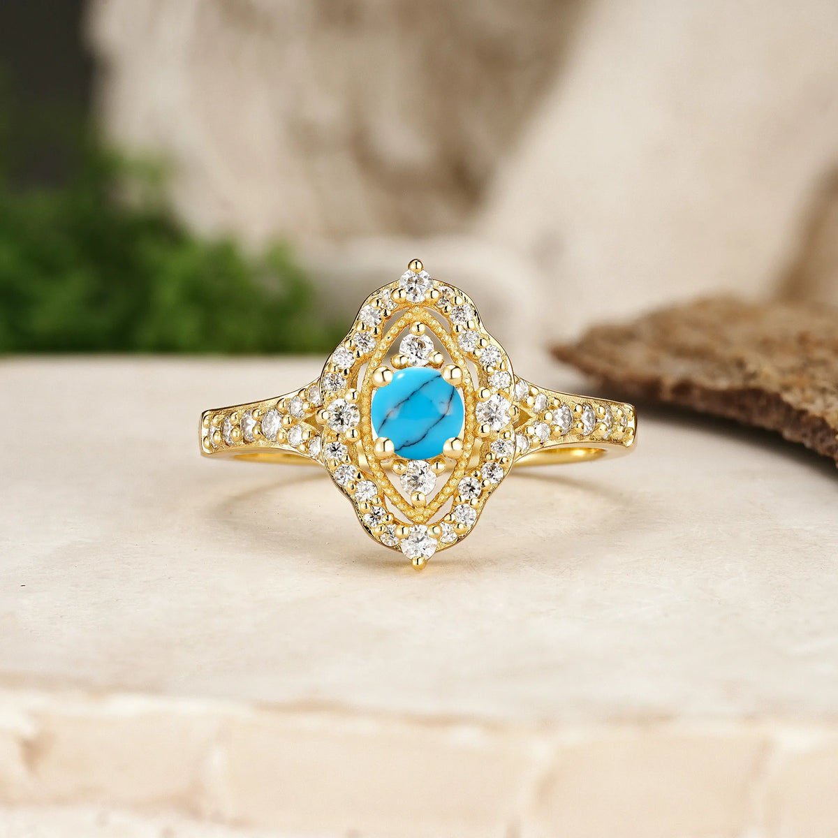 Round Cut Turquoise Vintage Art‑Deco Open‑Filigree Halo Engagement Ring