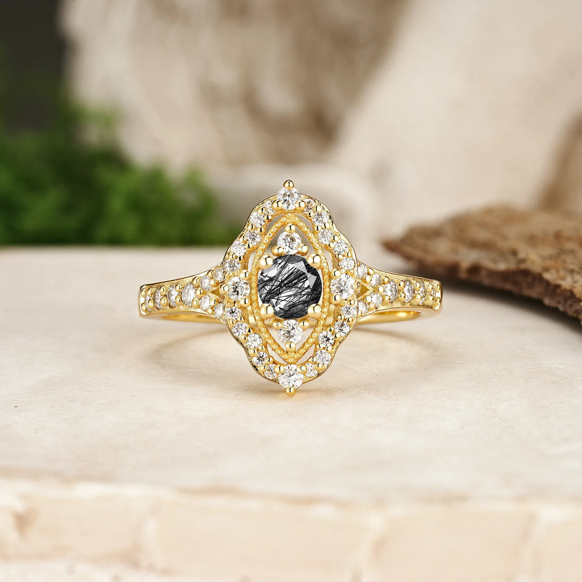 Round Cut Black Rutilated Quartz Vintage Art‑Deco Open‑Filigree Halo Engagement Ring