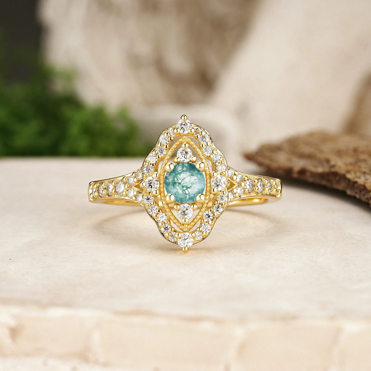 Round Cut Moss Agate Vintage Art‑Deco Open‑Filigree Halo Engagement Ring