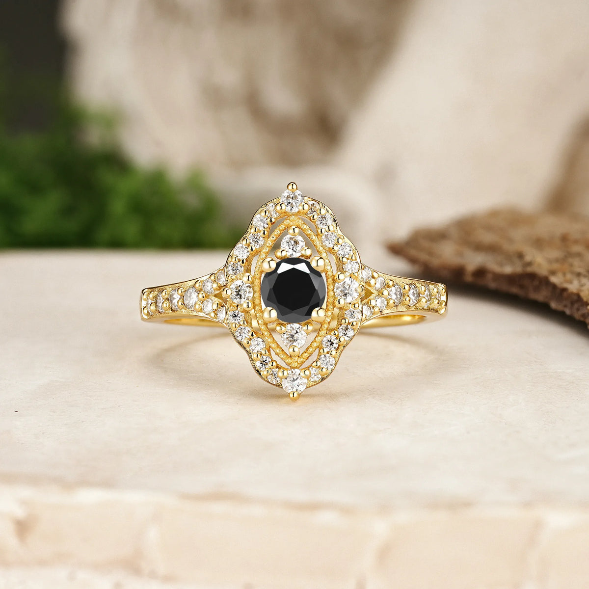 Round Cut Black Onyx Vintage Art‑Deco Open‑Filigree Halo Engagement Ring