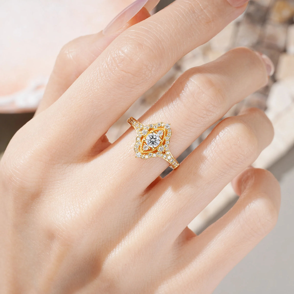 Round Cut Lab Diamond Vintage Art‑Deco Open‑Filigree Halo Engagement Ring