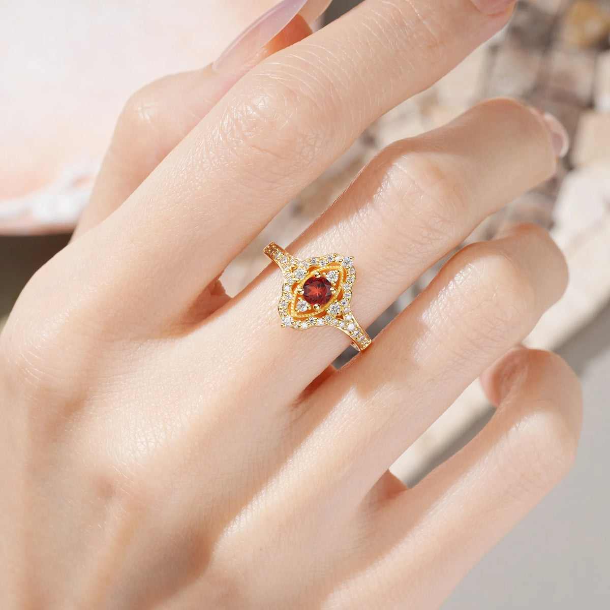 Round Cut Garnet Vintage Art‑Deco Open‑Filigree Halo Engagement Ring