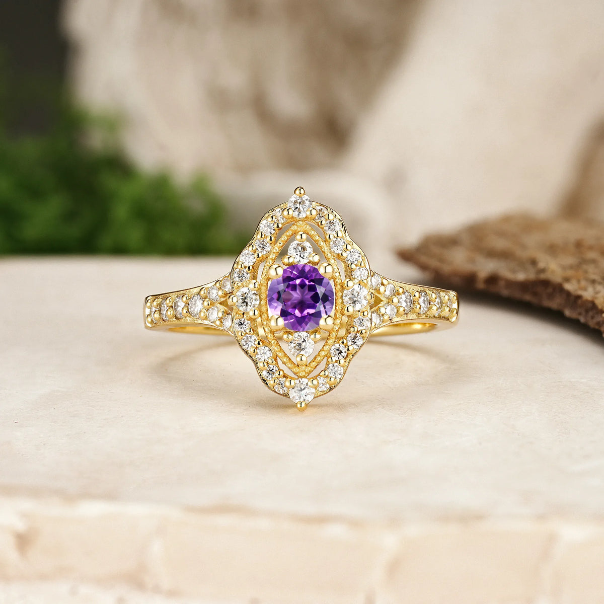 Round Cut Amethyst Vintage Art‑Deco Open‑Filigree Halo Engagement Ring