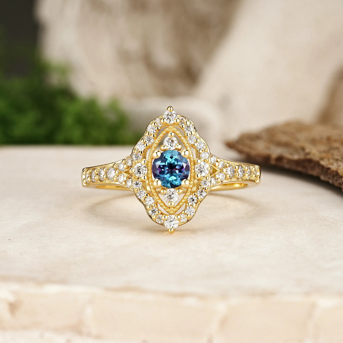 Round Cut Alexandrite Vintage Art‑Deco Open‑Filigree Halo Engagement Ring