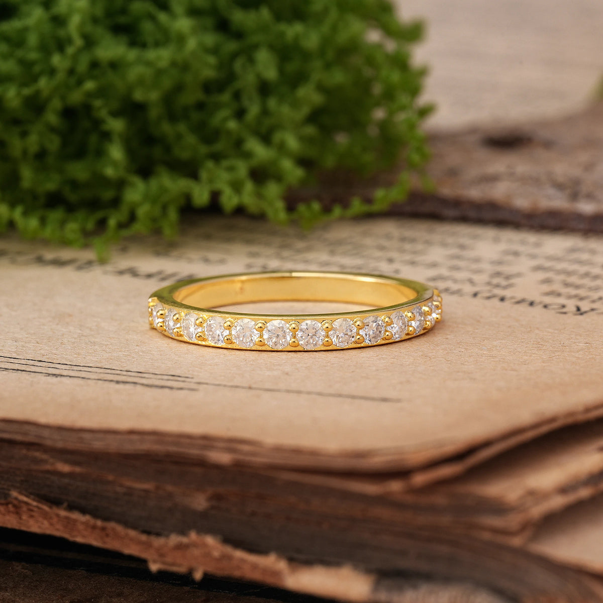 Round Cut Moissanite Half Eternity Continuous Thin Smooth Band Wedding Ring
