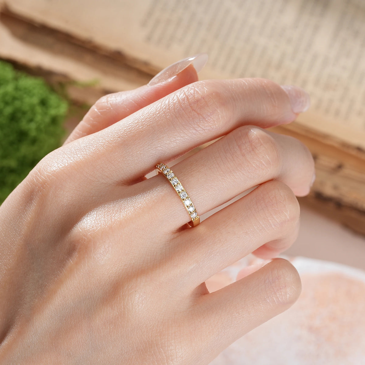 Round Cut Moissanite Half Eternity Continuous Thin Smooth Band Wedding Ring