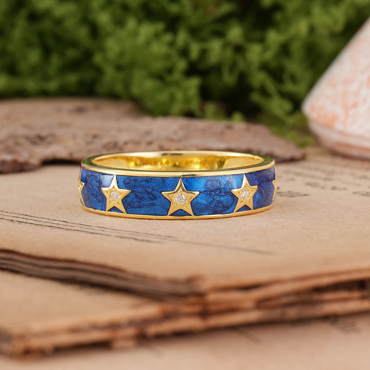 Moissanite Magical Nebula Blue Enamel Five Star Celestial Groom & Bride Wedding Ring