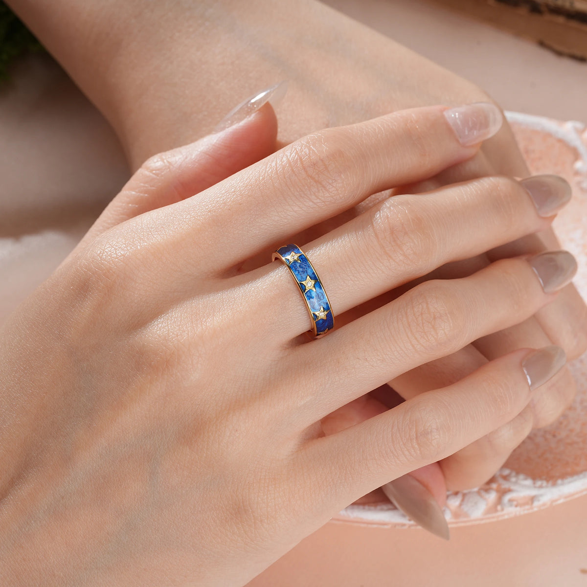 Moissanite Magical Nebula Blue Enamel Five Star Celestial Groom & Bride Wedding Ring