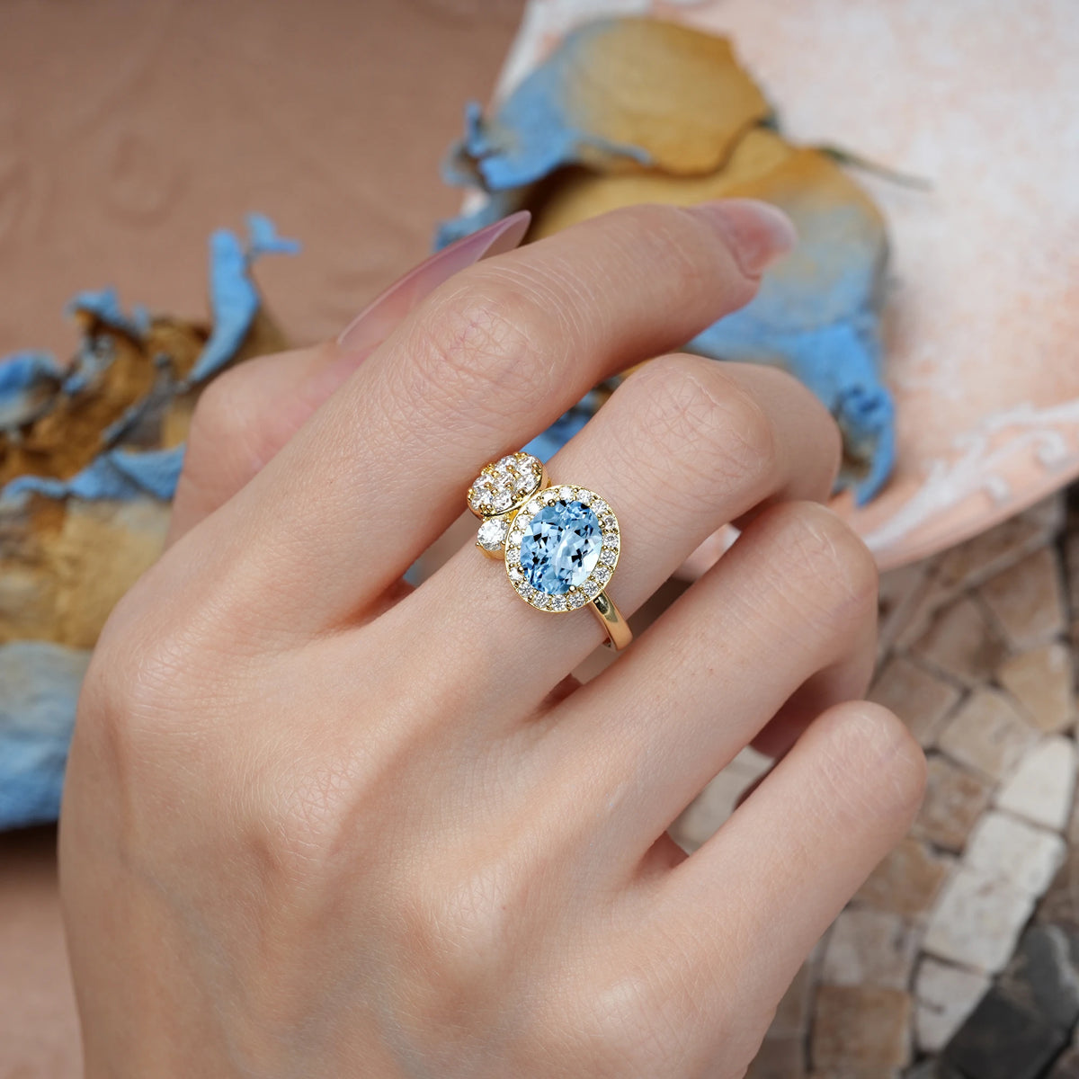 Oval Cut Aquamarine Unique 4-Prong Promise Ring