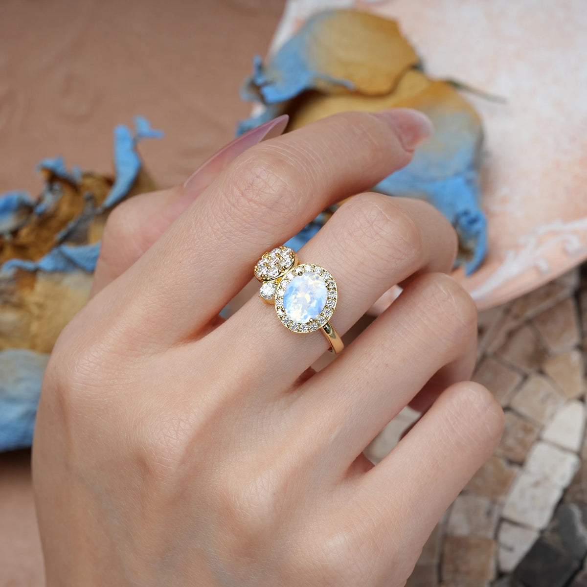 Oval Cut Moonstone Unique 4-Prong Promise Ring