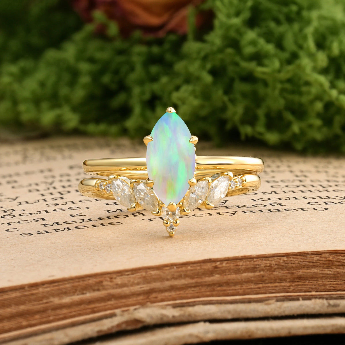 Marquise Cut Fire Opal Classic, Luxurious 6-Prong Bridal Ring Set