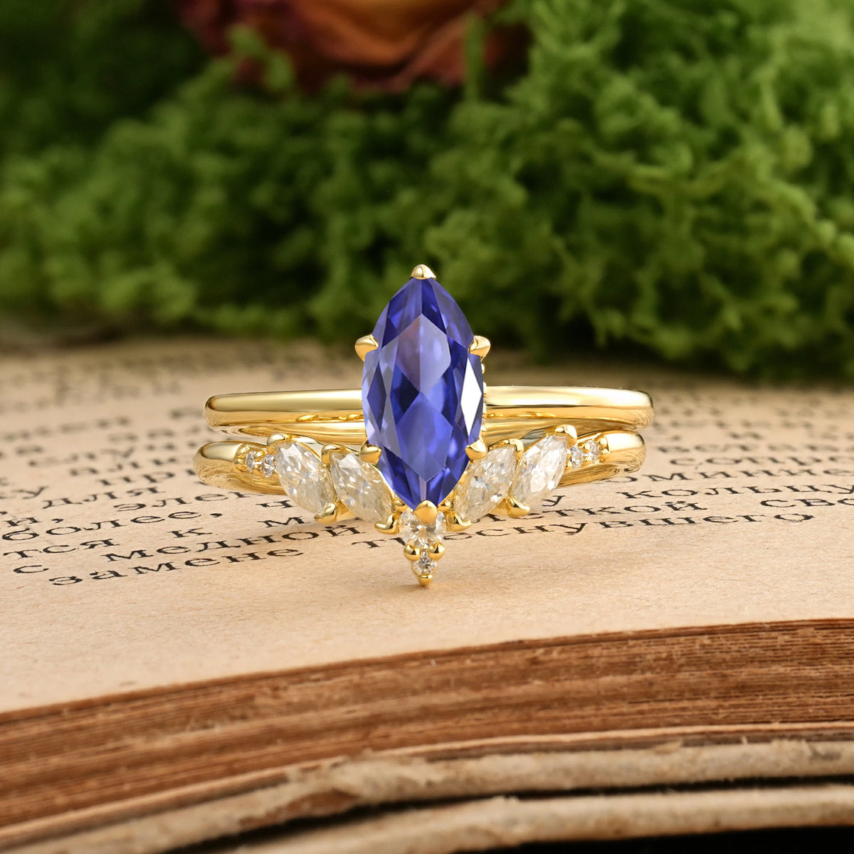Marquise Cut Tanzanite Classic, Luxurious 6-Prong Bridal Ring Set