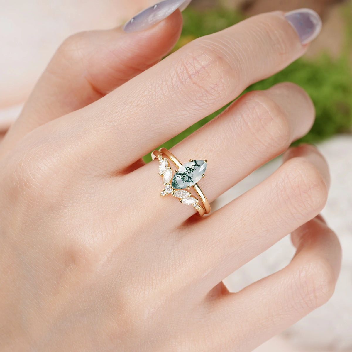 Marquise Cut Moss Agate Classic, Luxurious 6-Prong Bridal Ring Set