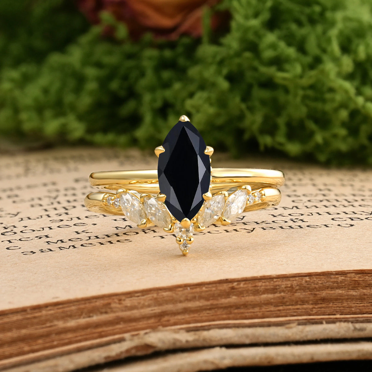 Marquise Cut Black Onyx Classic, Luxurious 6-Prong Bridal Ring Set