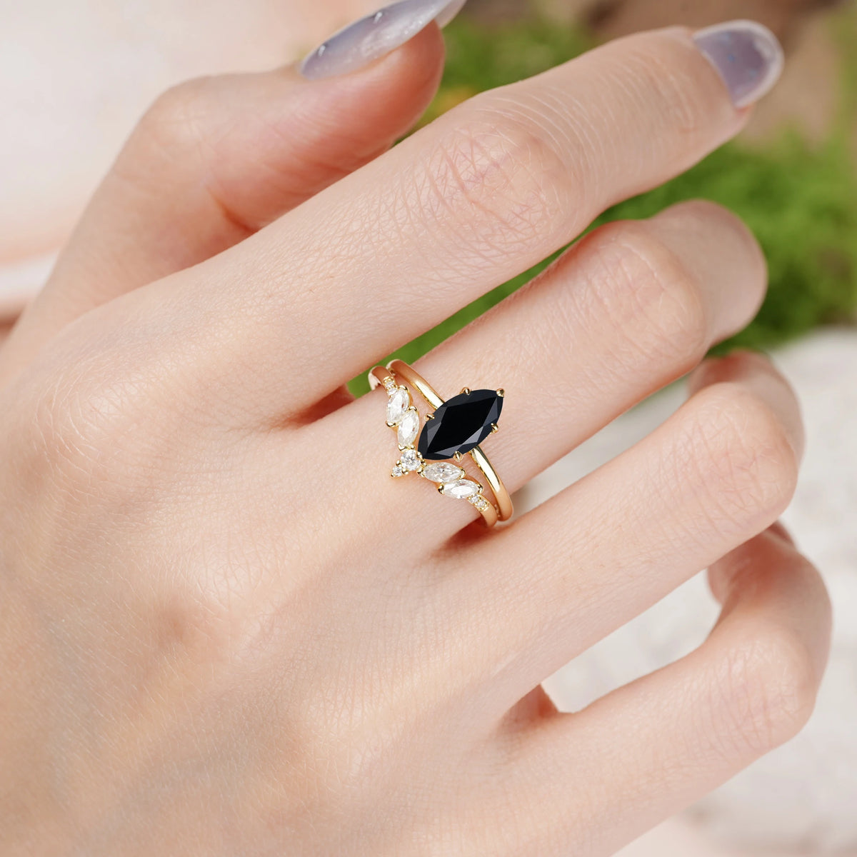 Marquise Cut Black Onyx Classic, Luxurious 6-Prong Bridal Ring Set