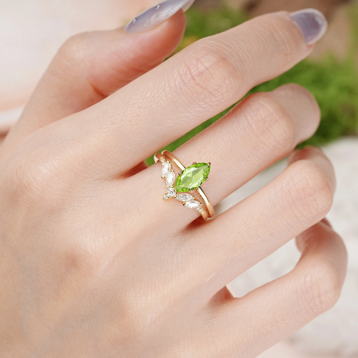 Marquise Cut Peridot Classic, Luxurious 6-Prong Bridal Ring Set