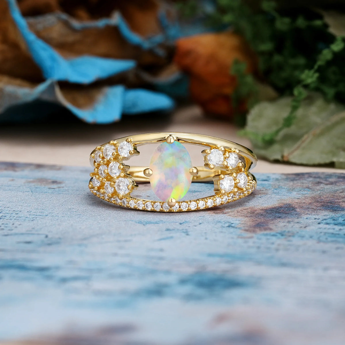 Oval Cut Fire Opal Unique Openwork, Luxurious 4-Prong Promise Ring