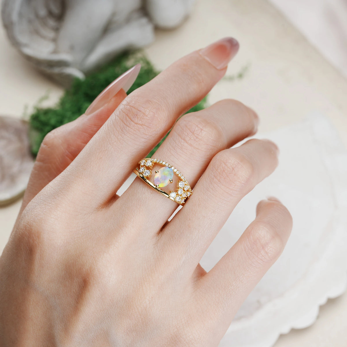 Oval Cut Fire Opal Unique Openwork, Luxurious 4-Prong Promise Ring