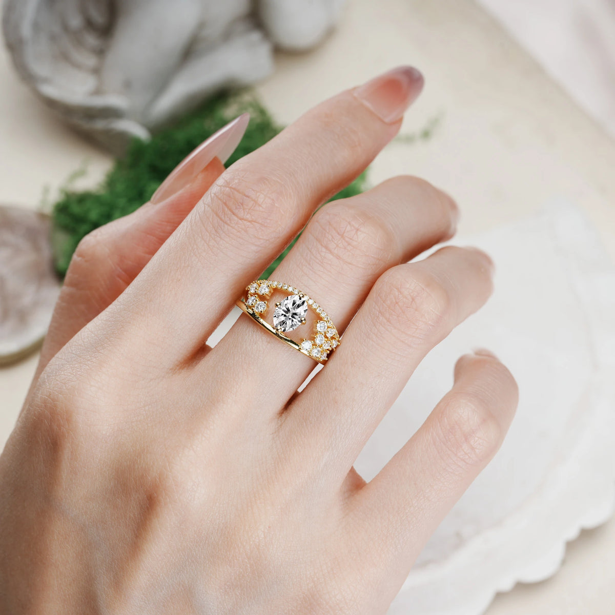 Oval Cut Lab Diamond Unique Openwork, Luxurious 4-Prong Promise Ring