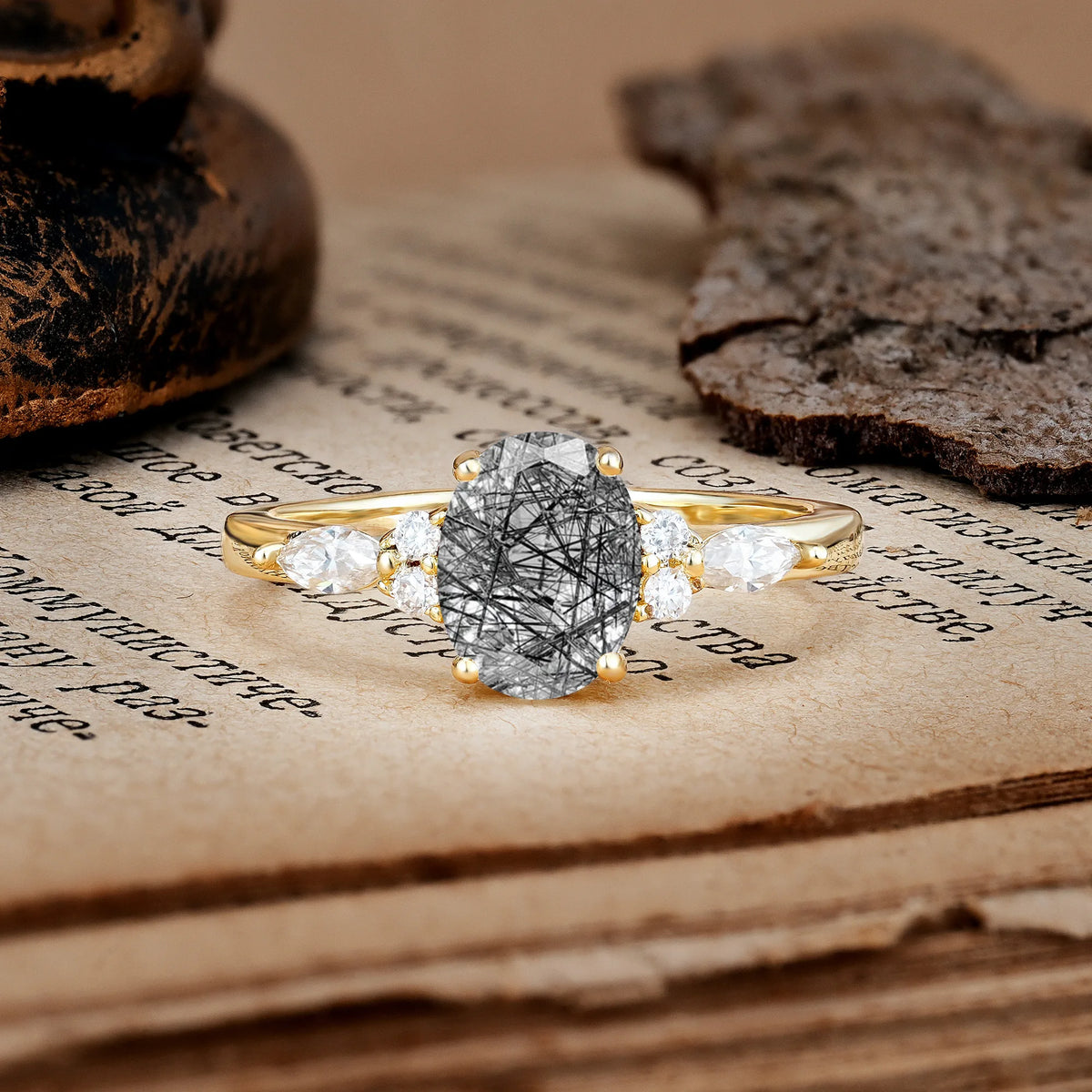 Classic and Luxurious 4-Prong Oval Cut Black Rutilated Quartz Engagement Ring