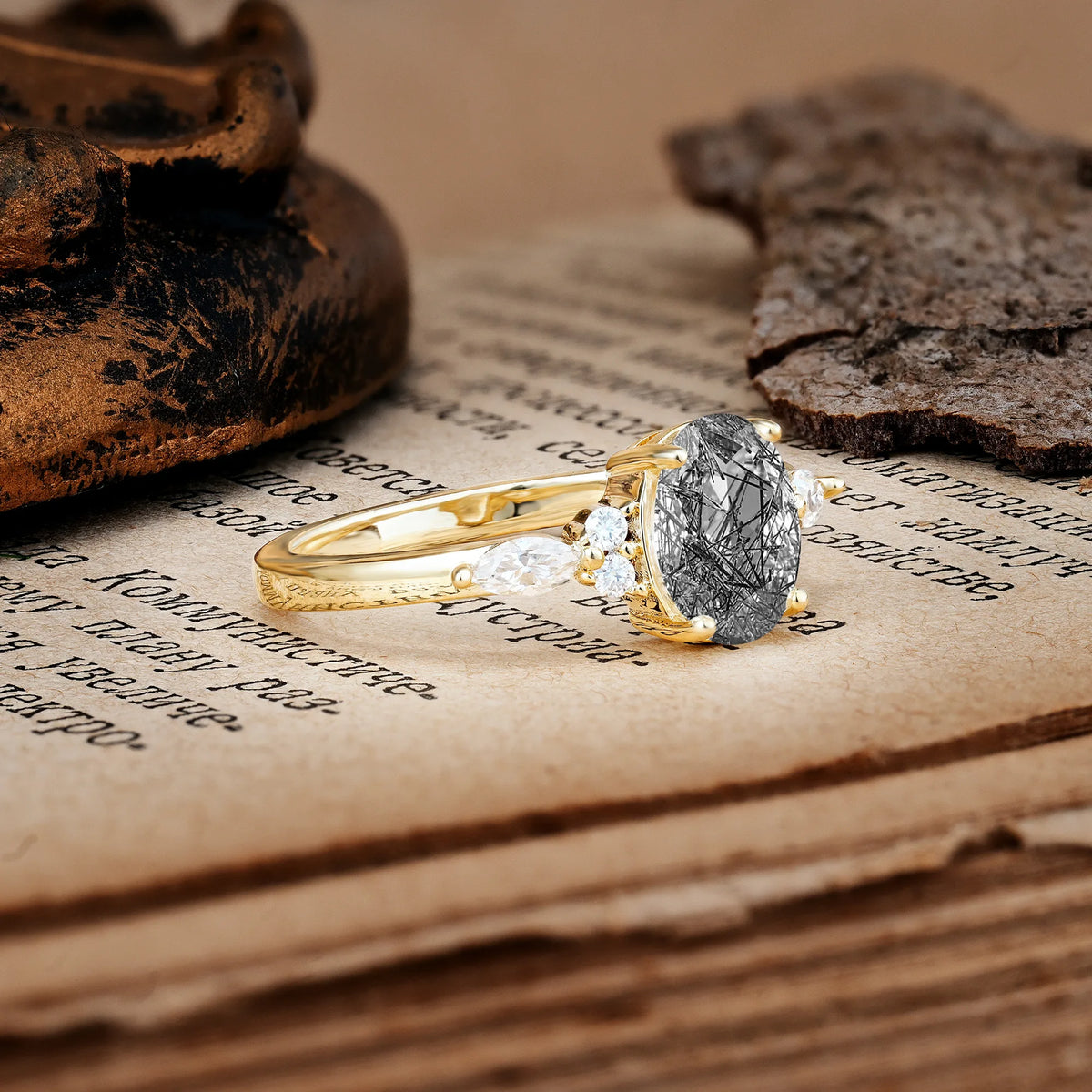 Classic and Luxurious 4-Prong Oval Cut Black Rutilated Quartz Engagement Ring
