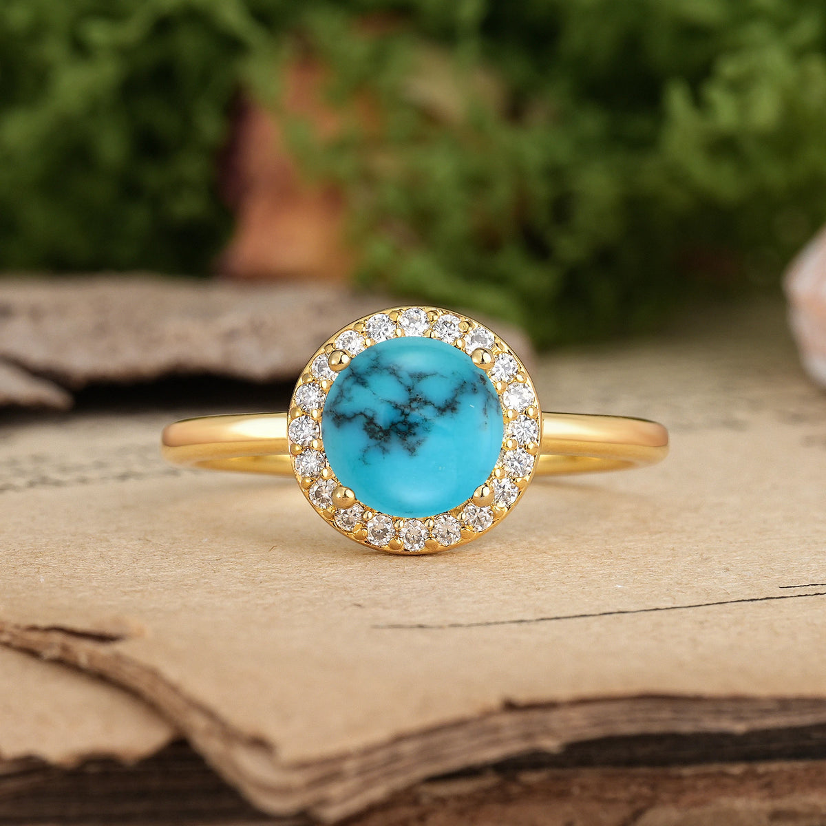 Round Cut Turquoise Luxurious 4-Prong Engagement Ring