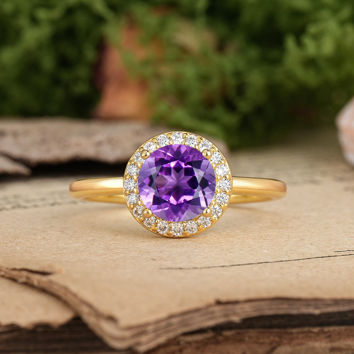 Round Cut Amethyst Luxurious 4-Prong Engagement Ring