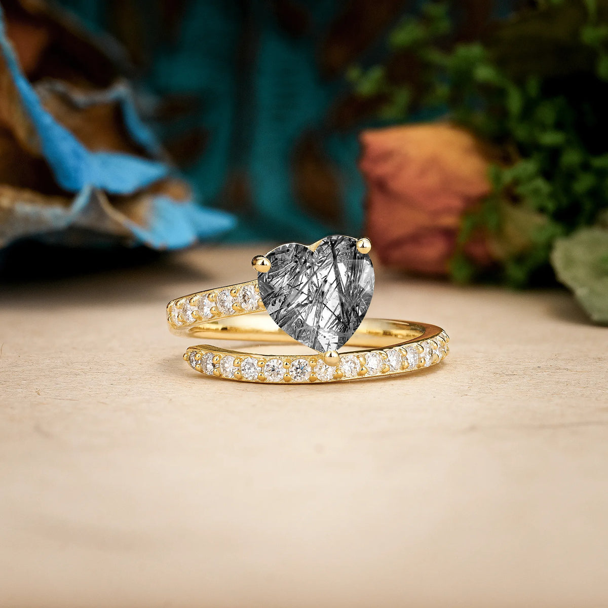 Heart-Cut Black Rutilated Quartz Unique Intertwined 3-Prong Promise Ring