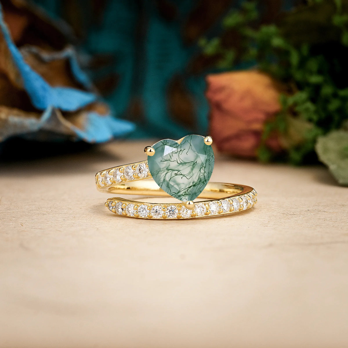 Heart-Cut Moss Agate Unique Intertwined 3-Prong Promise Ring