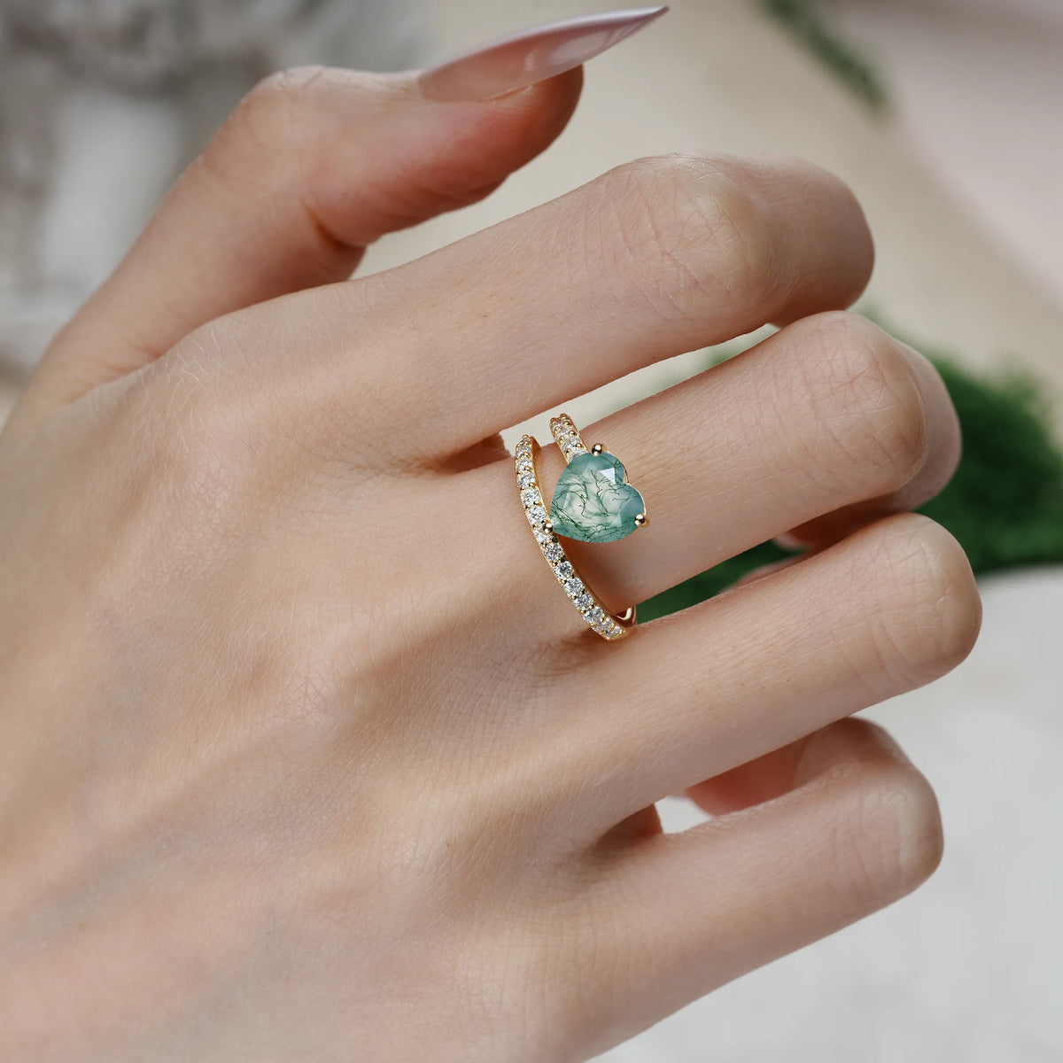 Heart-Cut Moss Agate Unique Intertwined 3-Prong Promise Ring