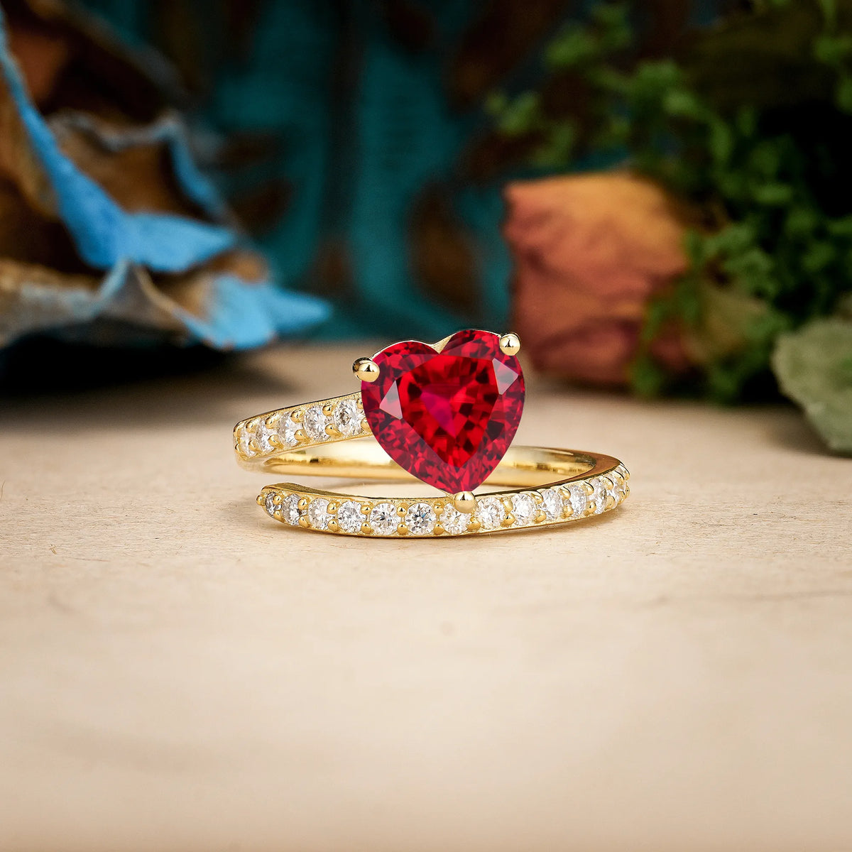 Heart-Cut Ruby Unique Intertwined 3-Prong Promise Ring