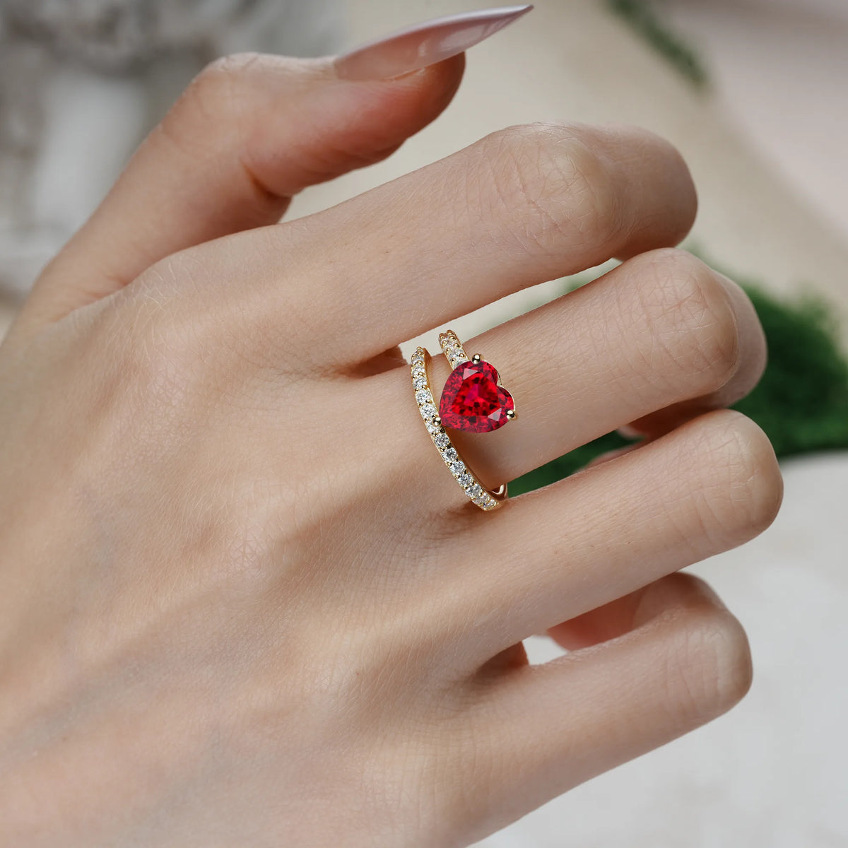 Heart-Cut Ruby Unique Intertwined 3-Prong Promise Ring