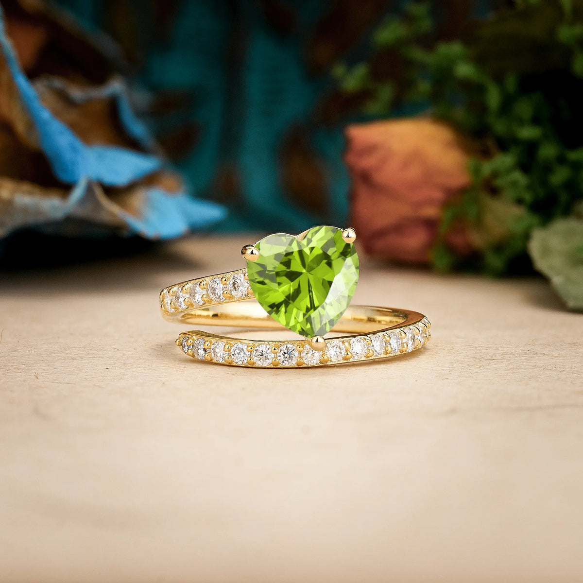 Heart-Cut Peridot Unique Intertwined 3-Prong Promise Ring