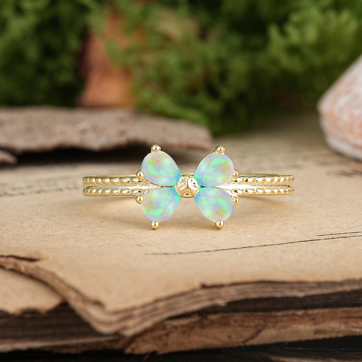 Pear Cut Fire Opal Four Butterfly Solitaire Milgrain Double Band Promise Ring