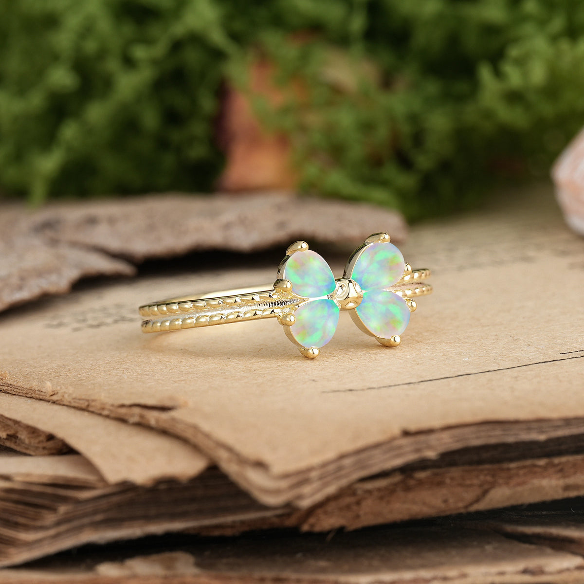 Pear Cut Fire Opal Four Butterfly Solitaire Milgrain Double Band Promise Ring