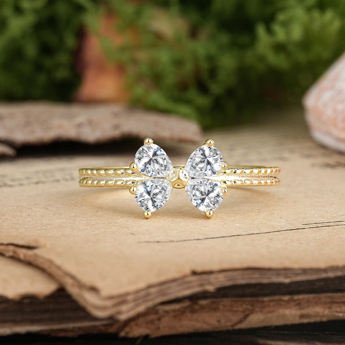 Pear Cut Lab Diamond Four Butterfly Solitaire Milgrain Double Band Promise Ring