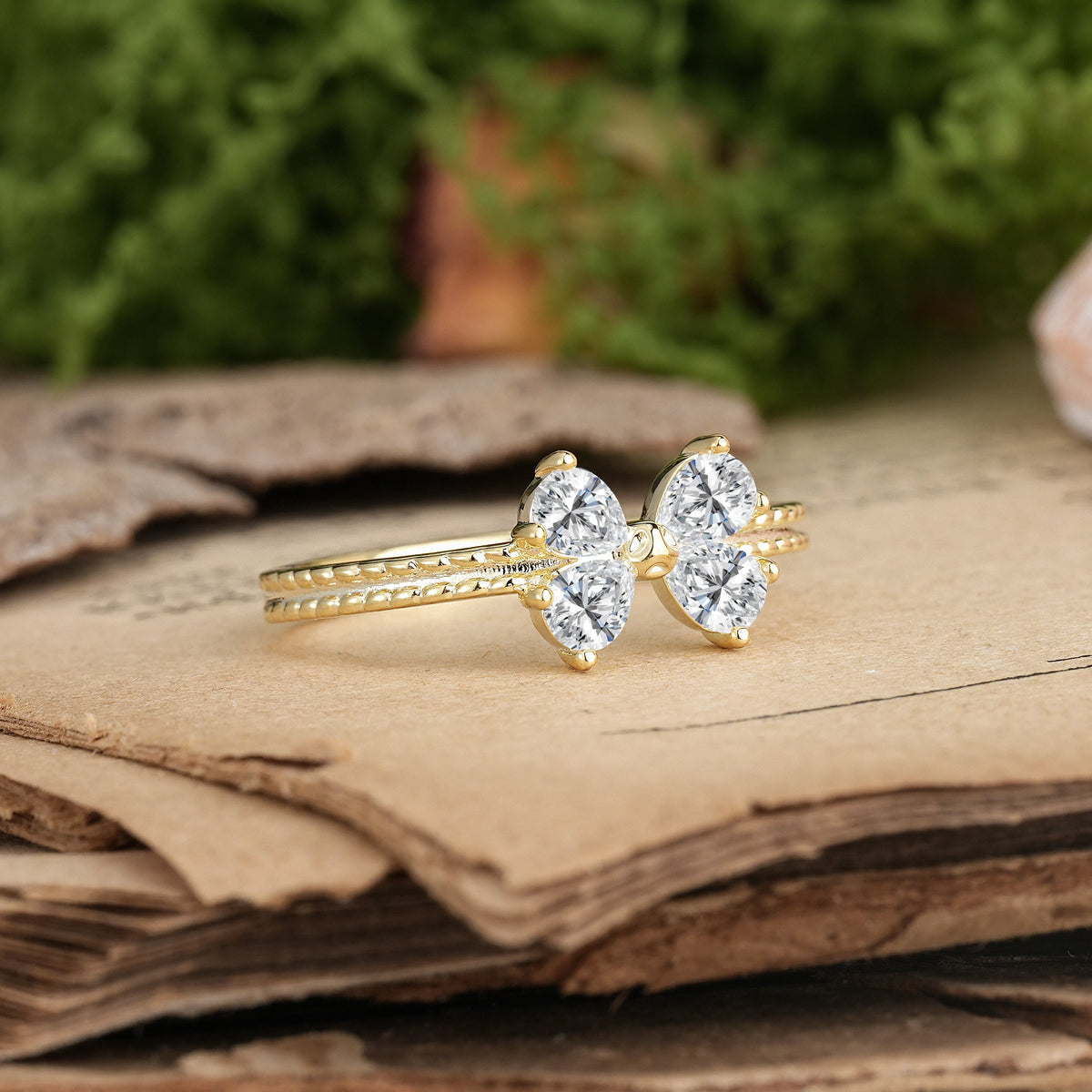 Pear Cut Lab Diamond Four Butterfly Solitaire Milgrain Double Band Promise Ring