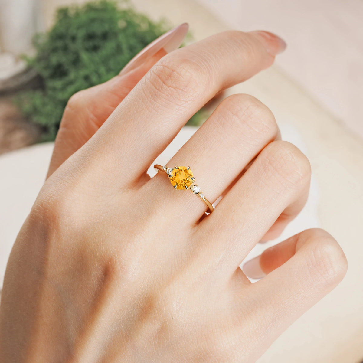 Round Cut Citrine Unique and Minimalist 6-Prong Engagement Ring