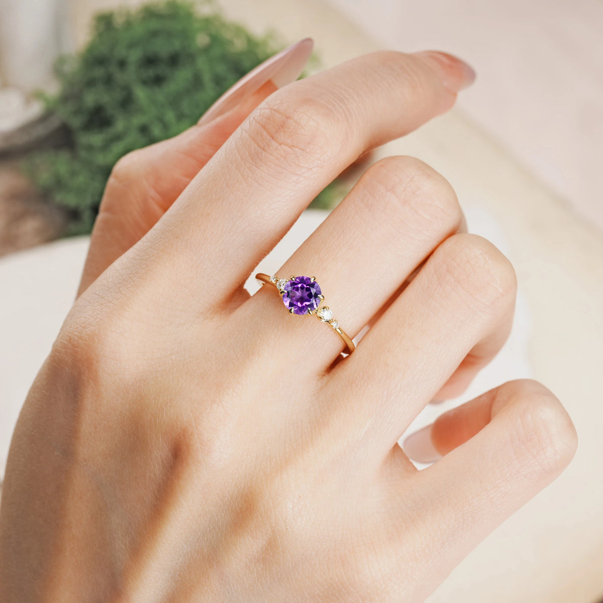 Round Cut Amethyst Unique and Minimalist 6-Prong Engagement Ring