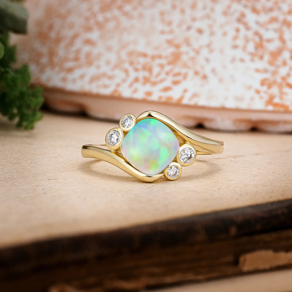 Princess Cut Fire Opal Unique Inset Engagement Ring