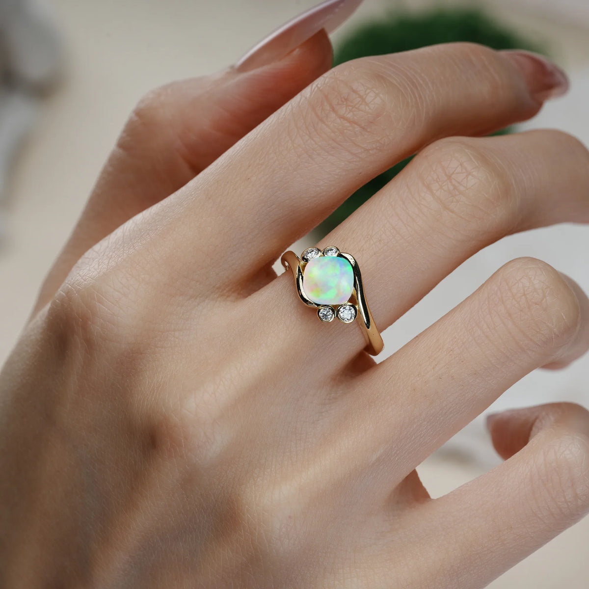 Princess Cut Fire Opal Unique Inset Engagement Ring