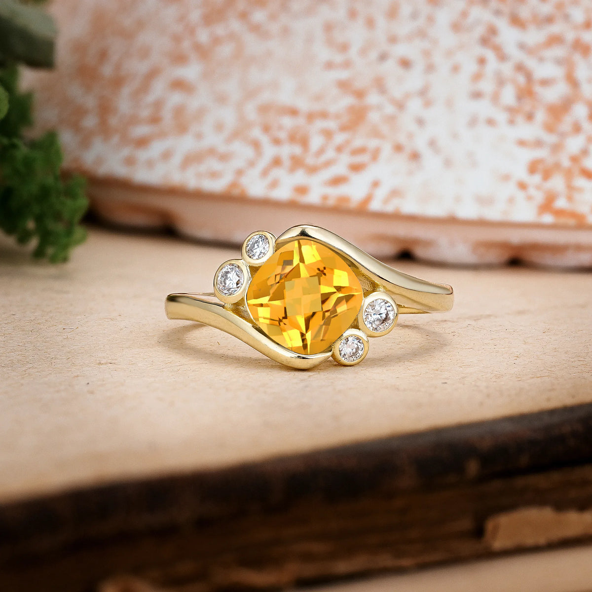 Princess Cut Citrine Unique Inset Engagement Ring