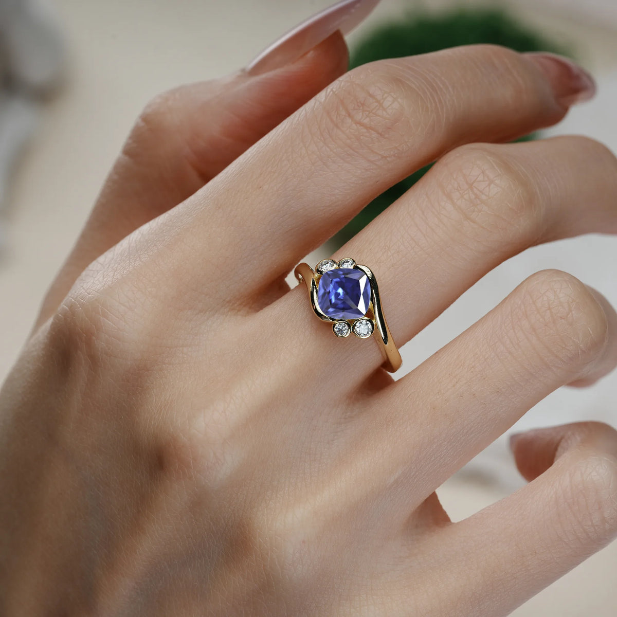 Princess Cut Tanzanite Unique Inset Engagement Ring