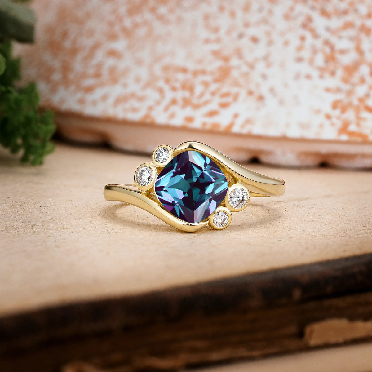 Princess Cut Alexandrite Unique Inset Engagement Ring