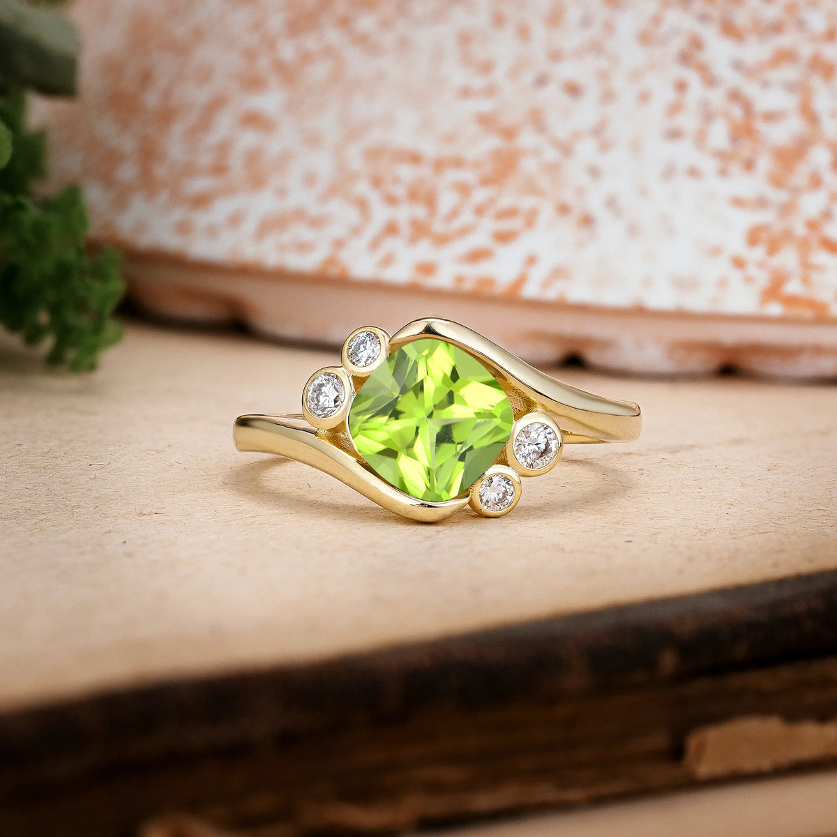 Princess Cut Peridot Unique Inset Engagement Ring